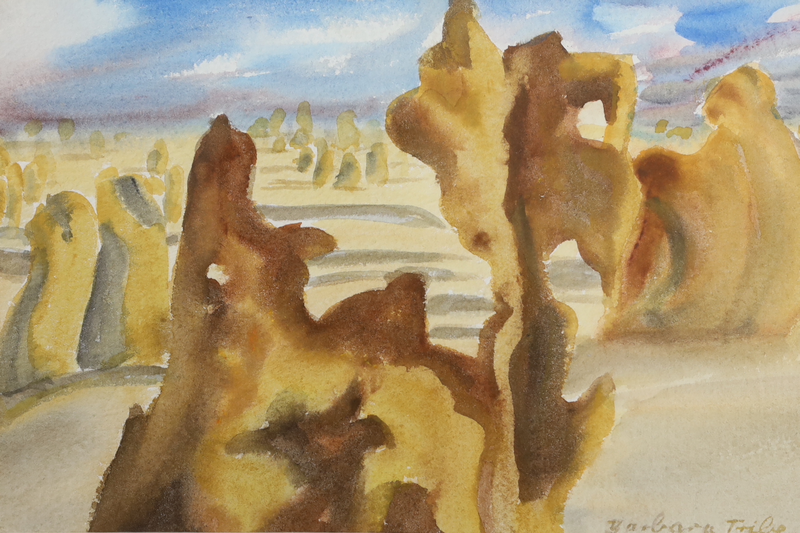 Barbara Tribe (1913-2000), two watercolours, ‘Pillars in the Sand, Western Australia’ and ‘Snow Santa Rita Mountains, Mexico to Arizona', signed, labels verso, the largest 33cm x 24cm